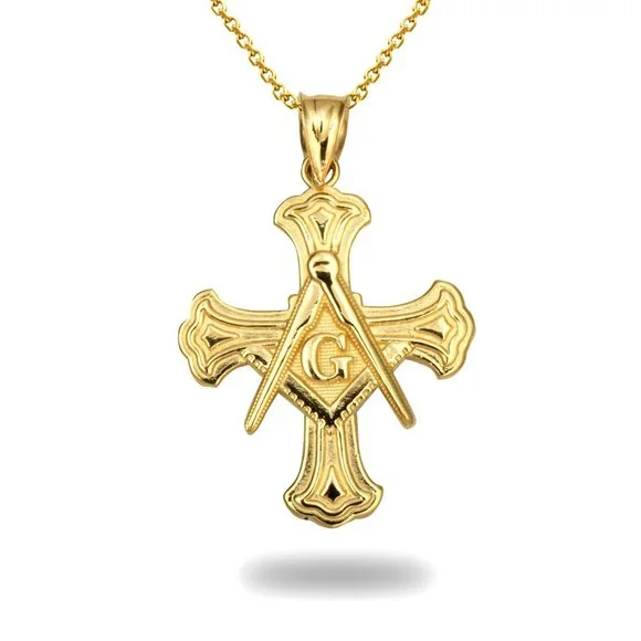 10K Solid Gold Freemason Cross Square and Compass Pendant